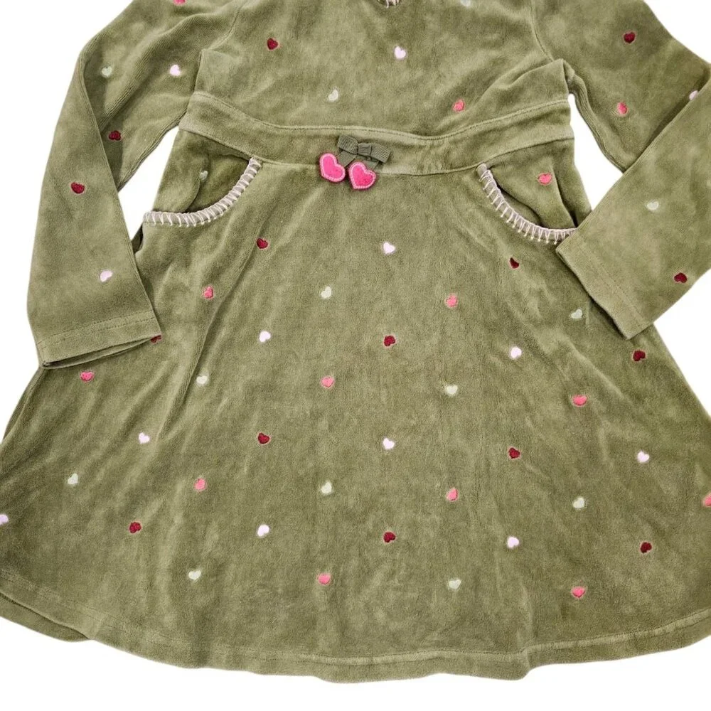 Gymboree Size 6‎ Green Heart Embroidery Hooded Dress Velour Longsleeve